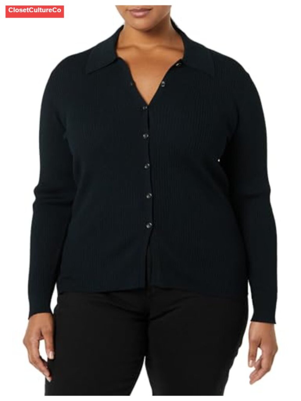 Fine Gauge Ribbed Knit Button Front Long Sleeve Polo Cardigan Sweater - Picture 3 of 6